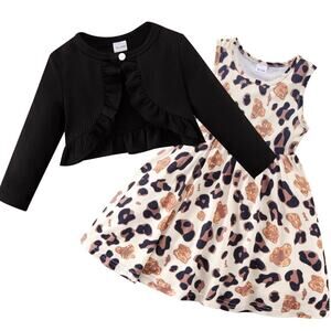 18-24M Baby Girls Dress black Cardigan Set 2pcs Leopard Print Sleeveless Dress